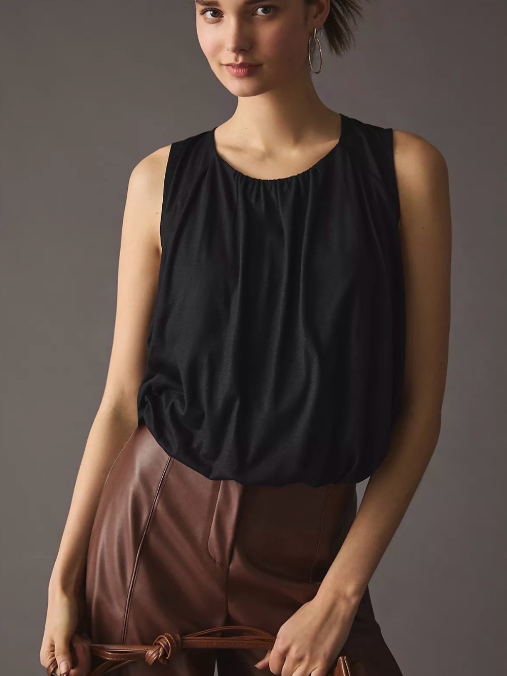 Anthropologie Black Sleeveless Ruched Silk-Look Blouse
